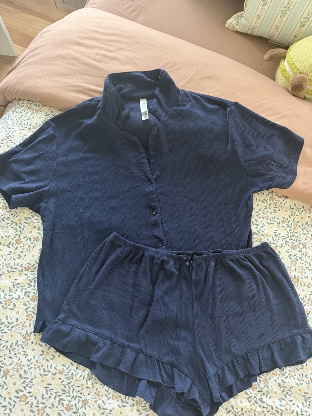 wild fable Navy Short Sleeve Button Pajama Top & Ruffle Shorts Set